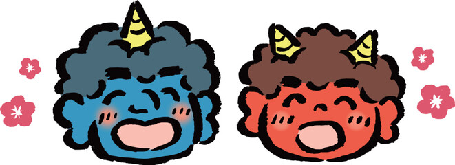笑顔の赤鬼と青鬼　顔のみ　筆タッチ手描きイラスト