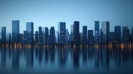 Fototapeta premium Modern city skyline illuminated at dusk with reflections