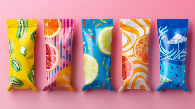 Colorful snack packaging design with vibrant fruit-inspired patterns, displayed on a pink isolated background.