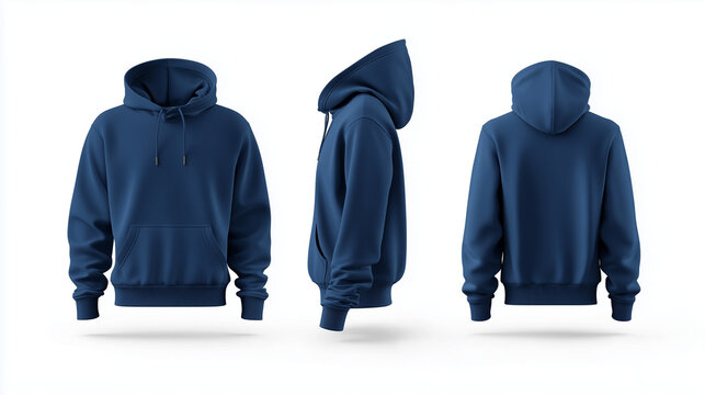 Pullover blue hoodie mockup back, front and side view isolated on white background for brand presentation

