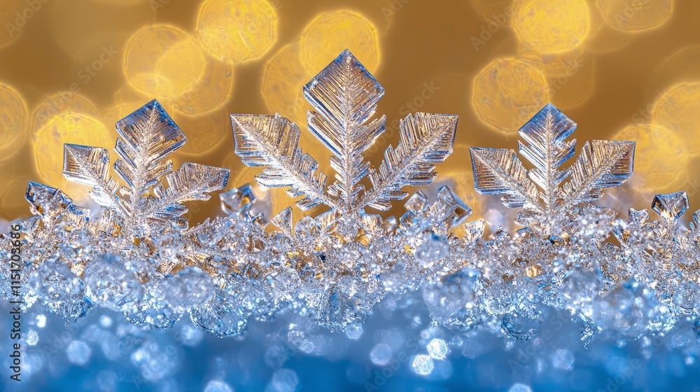 Poster Three intricate snowflakes stand out against a backdrop of golden bokeh and a bed of smaller ice crystals. The delicate structures are highlighted in shimmering detail.