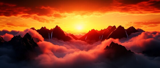 Majestic sunset over mountains with clouds and waterfalls.