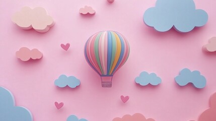 Pastel hot air balloon surrounded by clouds and hearts.