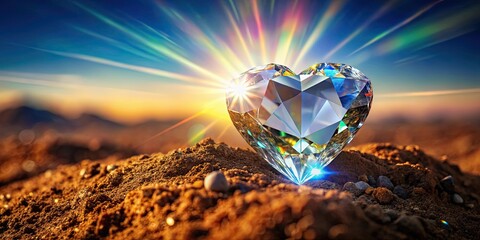 Fototapeta premium Heart-shaped gemstone discovered at sunset, radiant light beams illuminating the precious find in the earth