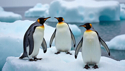 Obraz premium Three emperor penguins standing together on an iceberg in a chilly Antarctic landscape, World Wildlife Day 