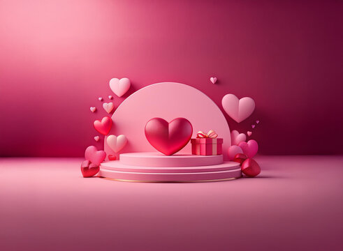 A romantic 3D rendering showcasing a large heart on a pink platform, surrounded by smaller hearts and a gift.  Perfect for Valentine's Day or love-themed designs.