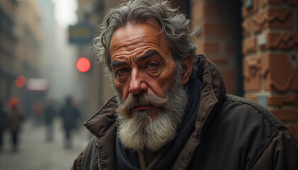 Obraz premium Close-up portrait of an older man with a gray beard and expressive eyes in a urban setting 