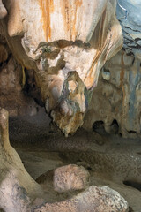 Interior of the large hall of old Karain cave, hidden in Mediterranean region. Confirms human...
