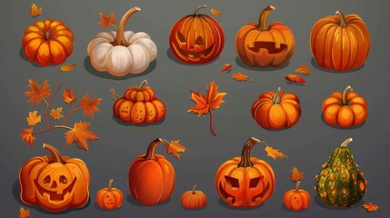 Autumn pumpkin collection with vibrant seasonal leaves, featuring decorative gourds and festive jack-o'-lantern designs.