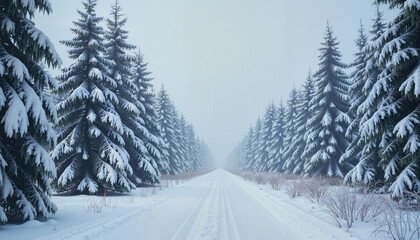 Naklejka premium Mysterious winter forest path lined with snow-covered evergreen trees in a foggy atmosphere 