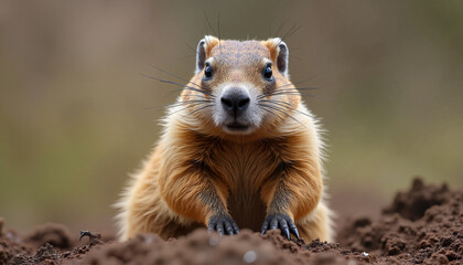 Close-up portrait of a cute marmot standing on the ground, showcasing its furry texture and curious expression, Groundhog Day

