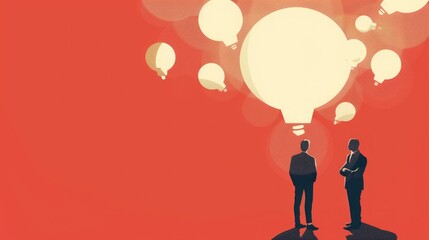 Obraz premium Illustration of two silhouetted figures discussing ideas, symbolized by glowing light bulbs in a vibrant red background, representing brainstorming, creativity, and innovation