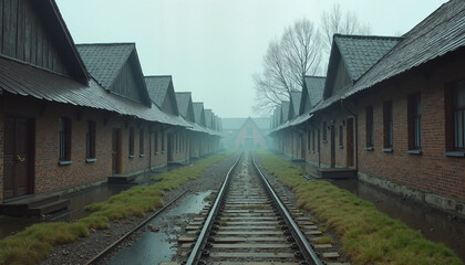 Obraz premium Desolate railway tracks leading through abandoned buildings in a foggy landscape, Day of Remembrance for the Victims of Genocide in World War II