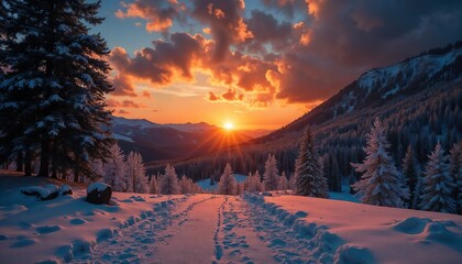 Breathtaking winter landscape at sunset with snowy trails and mountains in the background
