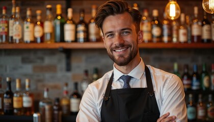 Smiling bartender in an apron standing confidently behind the bar with bottles displayed, International Bartender Day

