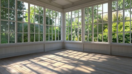Fototapeta premium Sunlit Garden Room: Tranquil Sanctuary with Expansive Windows