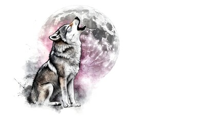 Cute Little Wolf Howling at Full Moon in Watercolor Style