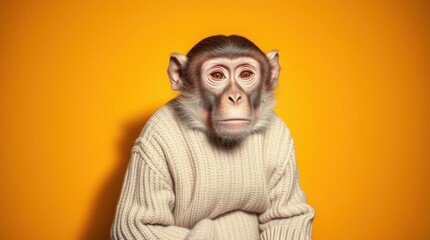 Obraz premium Monkey wearing cozy sweater against vibrant yellow backdrop