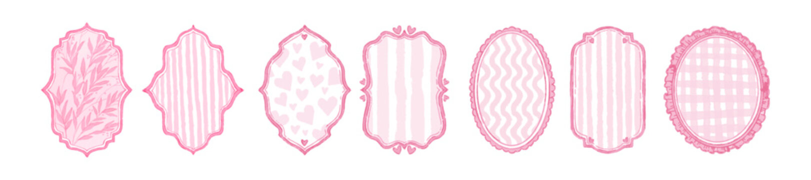 Watercolor cute pink frame set, coquettish border, elegant vector wedding celebration vintage print. Decorative classic label shape, ornate aesthetic romantic Valentine board. Watercolor frame card