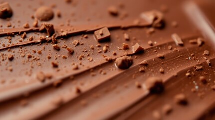  Close-up of textured chocolate with scattered cocoa crumbs