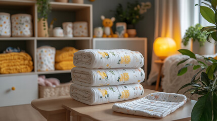 Soft baby diapers and cloth diaper displayed in cozy nursery setting
