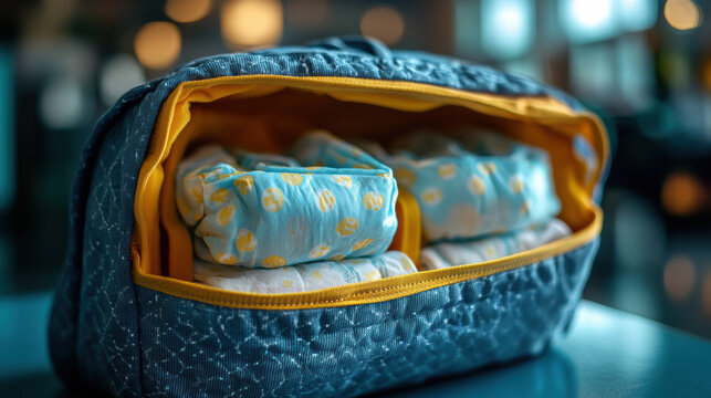 open diaper bag with disposable diapers neatly arranged inside