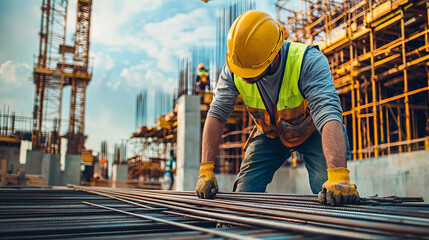 Construction worker with hard hat and safety vest on site