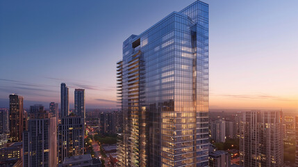 Obraz premium Modern Glass Skyscraper at Sunset Cityscape