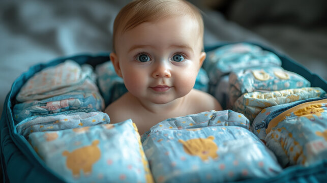 baby surrounded by neatly arranged diapers in soft, cozy setting
