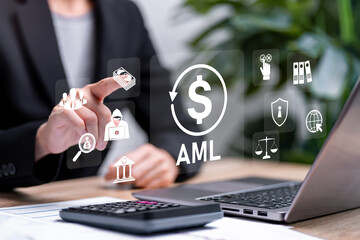 AML Anti Money Laundering Financial Bank Business Concept, Businesswomen awareness of money laundering management, security, monitoring, compliance, Tax evasion,  financial crime, regulatory adherence