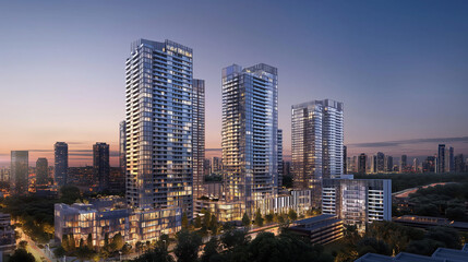 Modern Cityscape Featuring Three Illuminated High Rise Buildings