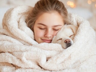 Fototapeta premium A young woman is wrapped in a fluffy white blanket, her eyes closed, while cuddling a golden retriever, bathed in the soft glow of fairy lights reminiscent of the warm feeling of a homemade blanket