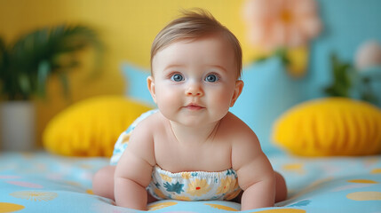 Adorable baby in floral diaper on colorful bed, looking curious and playful
