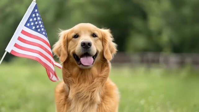 Adorable golden retriever dog posing with American flag over outdoors green background