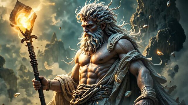 Majestic Zeus, King of the Gods, wielding a fiery thunderbolt.