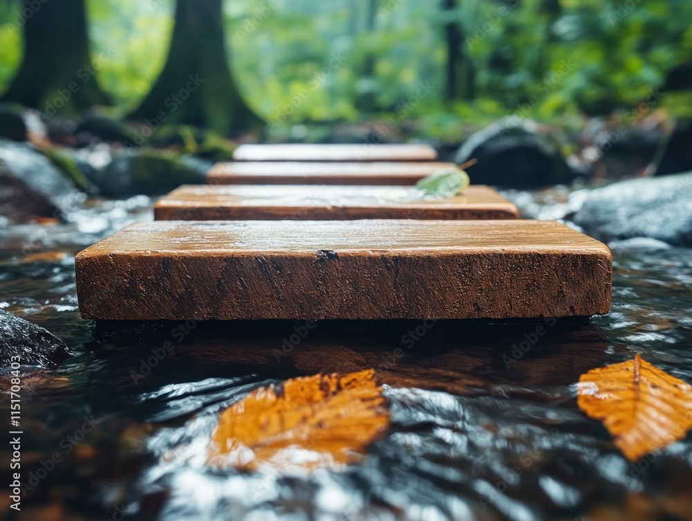 Poster discover the tranquil beauty of a rustic bridge over a quiet stream, bathed in soft morning light th