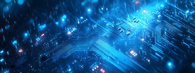 A blue digital background featuring an isometric view of a microchip with glowing lights and interconnected connections