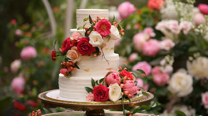 Elegant Floral Wedding Cake in a Garden Setting