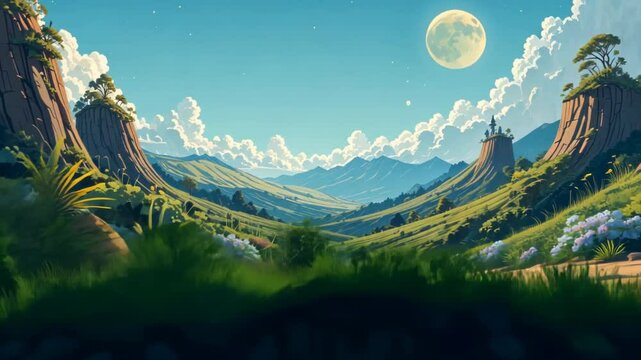 Serene Valley Path: A whimsical digital painting of a sunlit valley path between majestic cliffs, leading to a distant castle under a large moon.