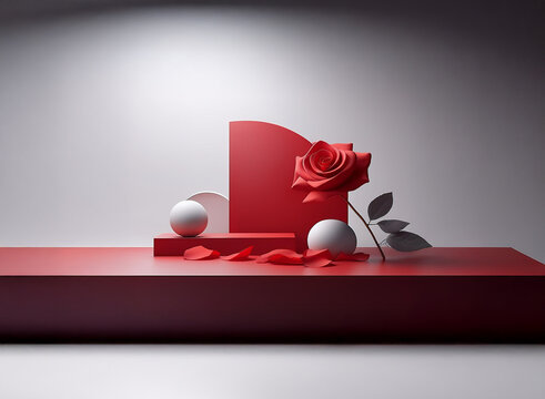 Elegant still life featuring a red rose, white spheres, and geometric red forms on a platform.  Subtle lighting enhances the scene's minimalist aesthetic.