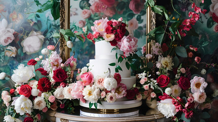 Elegant Floral Wedding Cake in a Garden Setting