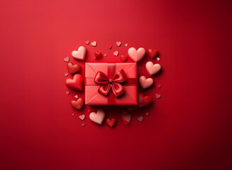 A red gift box with a satin ribbon bow is nestled among numerous small hearts on a red background.  A perfect Valentine's Day image.