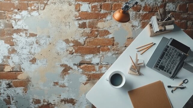 Overhead View of a Rustic Workspace: Laptop, Coffee, and Art Supplies on a White Desk Against a Weathered Brick Wall