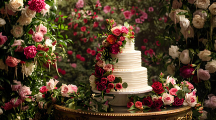 Elegant Floral Wedding Cake in a Garden Setting