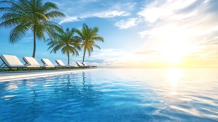 Tranquil Poolside Paradise with Palm Trees and Sunset