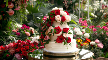 Elegant Floral Wedding Cake in a Garden Setting