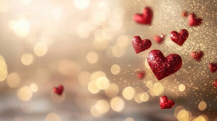 Obraz premium Sparkling red hearts against a dreamy golden background