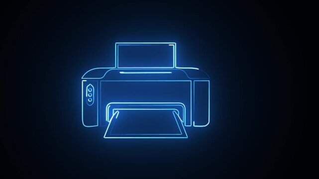  Neon glowing printer icon on black background animation video.