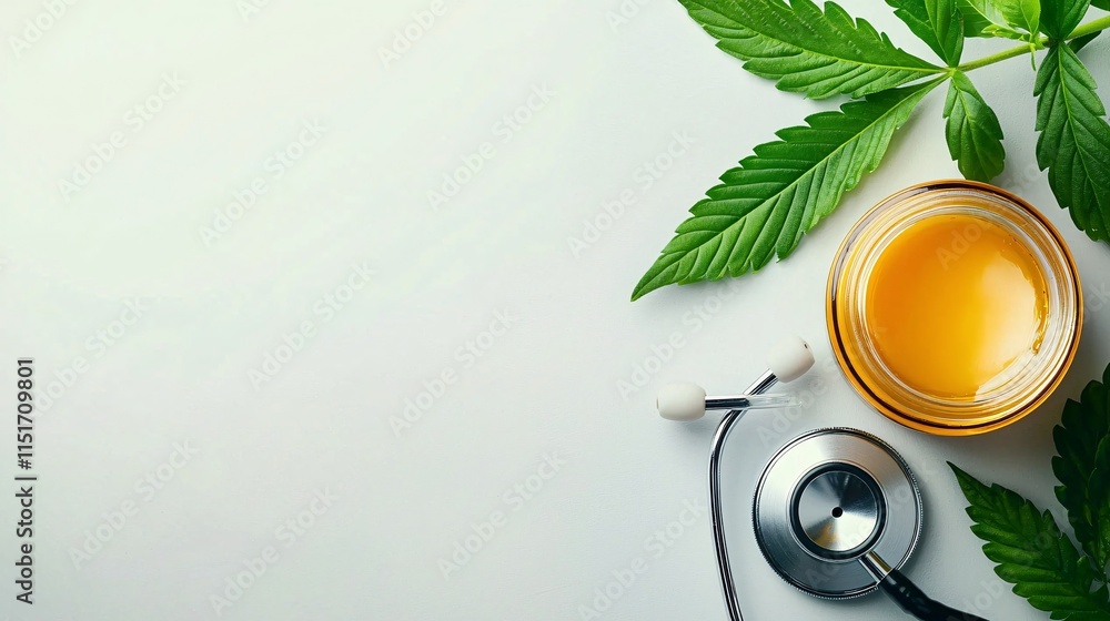 Poster a jar of cbd salve placed next to fresh cannabis leaves and a stethoscope on a clean white backgroun
