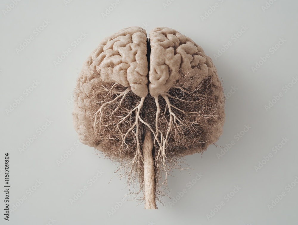 Poster explore the fascinating visual of a brain and tree roots intertwined, symbolizing cognitive growth t